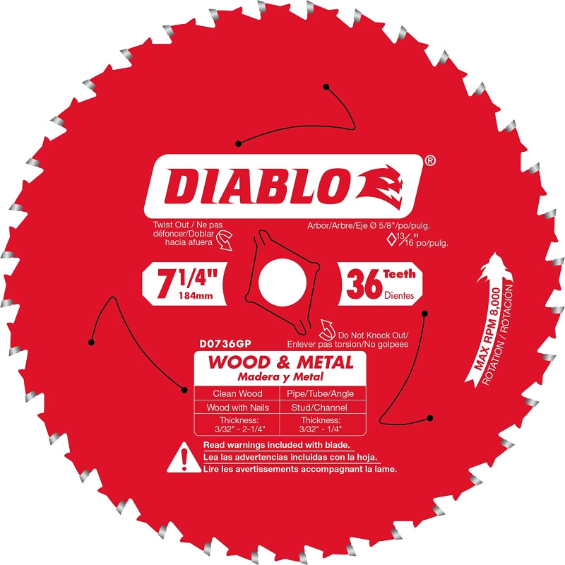 Blade Saw Diablo 7-1/4" x 36-Teeth Carbide Saw Blade for Wood and Metal