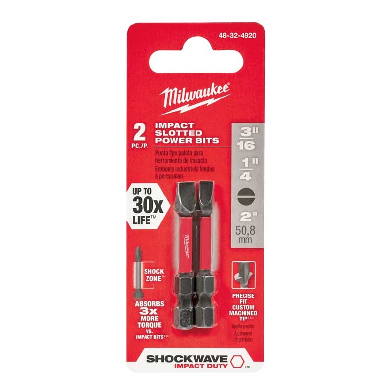 Milwaukee SHOCKWAVE 48-32-4920 Power Bit, 3/16, 1/4 in Drive, Slotted Drive, 1/4 in Shank, Hex Shank, 2 in L