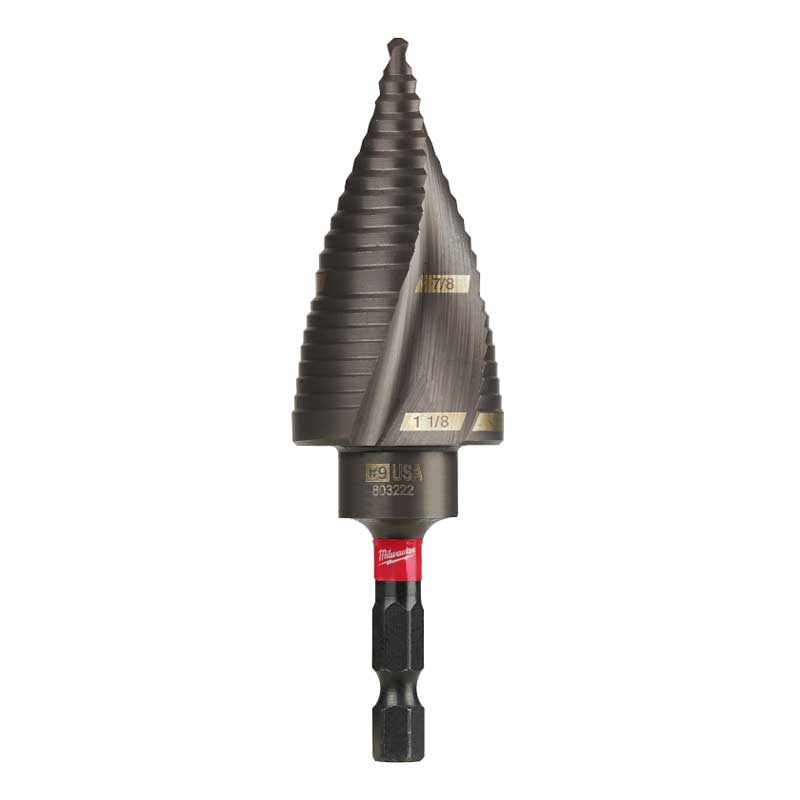 Milwaukee SHOCKWAVE Impact Duty 48-89-9249 Step Drill Bit, 7/8 to 1-1/8 in Dia, Spiral Flute, 2-Flute, Hex Shank