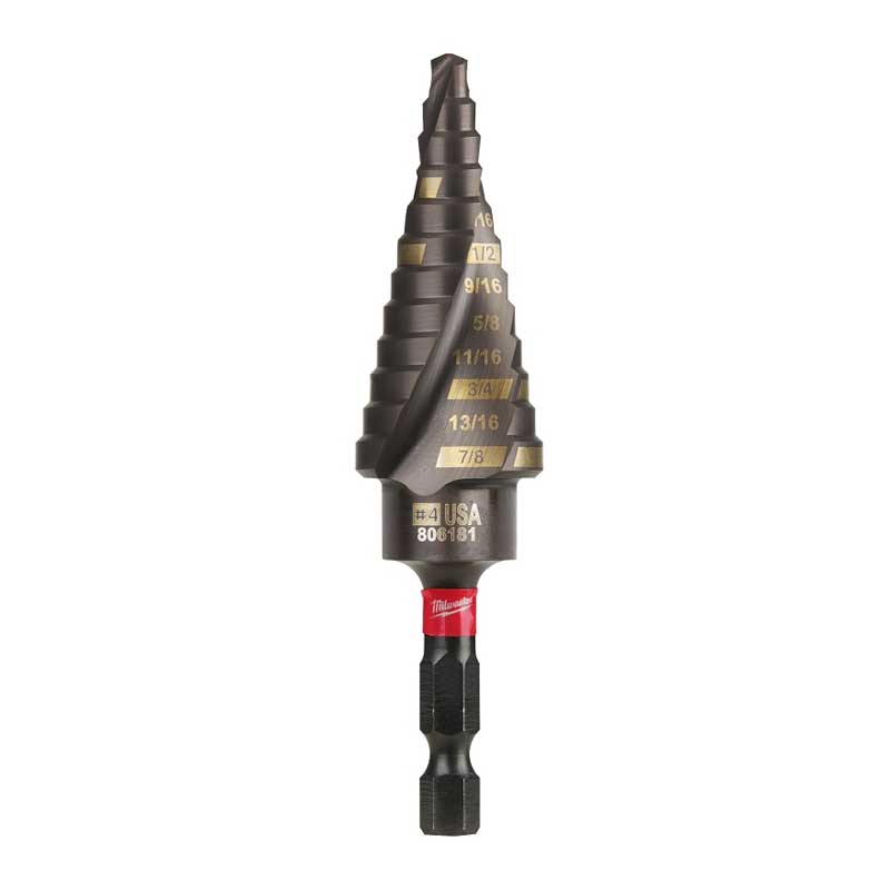 Milwaukee SHOCKWAVE Impact Duty 48-89-9244 Step Drill Bit, 3/16 to 7/8 in Dia, Spiral Flute, 2-Flute, Hex Shank