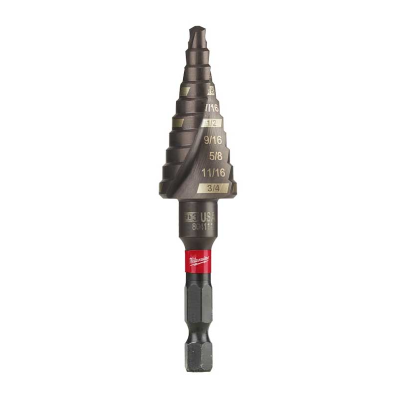 Milwaukee SHOCKWAVE Impact Duty 48-89-9243 Step Drill Bit, 3/16 to 3/4 in Dia, Spiral Flute, 2-Flute, Hex Shank