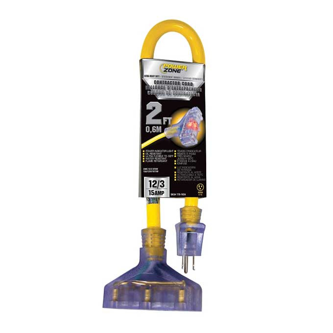 Extension Cord 3 Gang Powerzone 12/3 x 2' Yellow