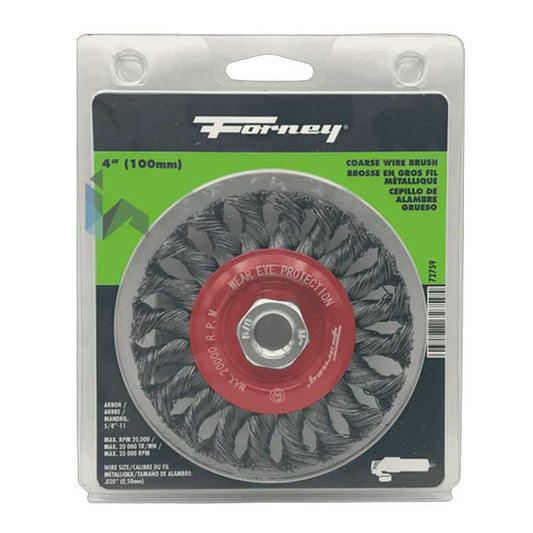 Cepillo de alambre Forney con cerdas de acero al carbono de 4" de diámetro y eje de 5/8" 11 72759